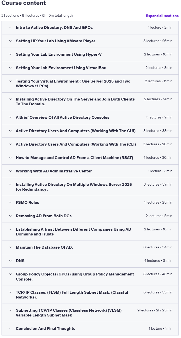 موضوعات الدورة · Active Directory، DNS، GPOs على Windows الخادم 2025 100% مختبرات 2025-3