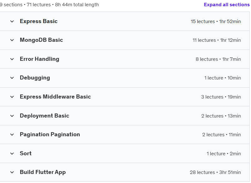 Course topics · Full Stack With Flutter – Node – Express – MongoDB 2024-5