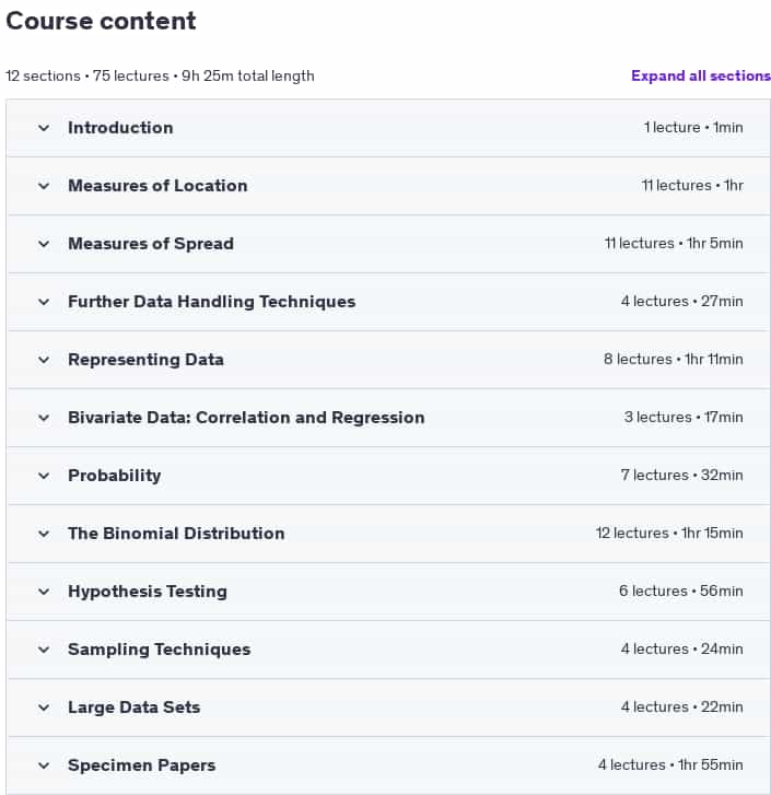 Course topics · Udemy — A-Level Maths: Statistics (Year 1 / AS) 2024-12
