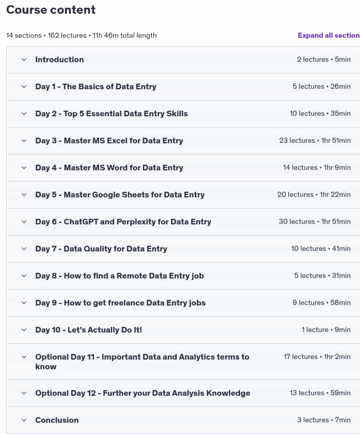 Course topics · Udemy — Data Entry Masterclass – The Ultimate 10 Day Course 2025-5