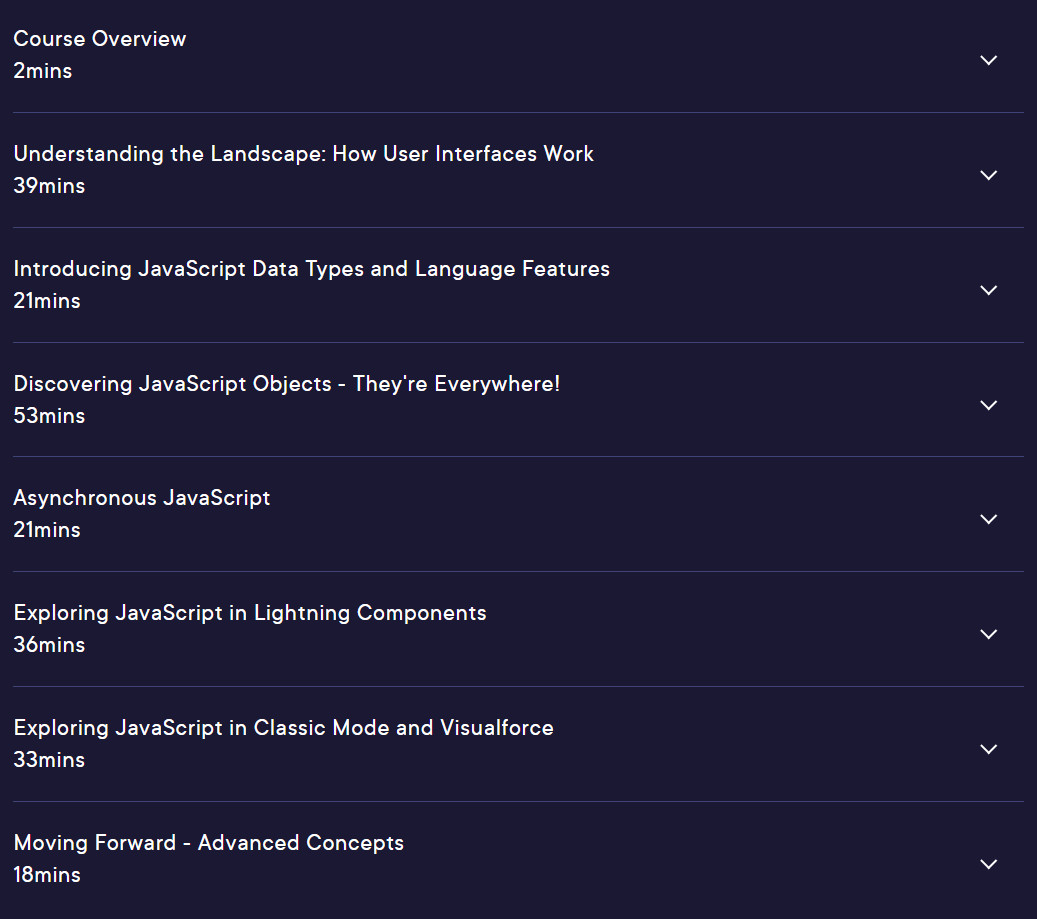 Course topics · Pluralsight — Getting Started with JavaScript in Salesforce 2022-8