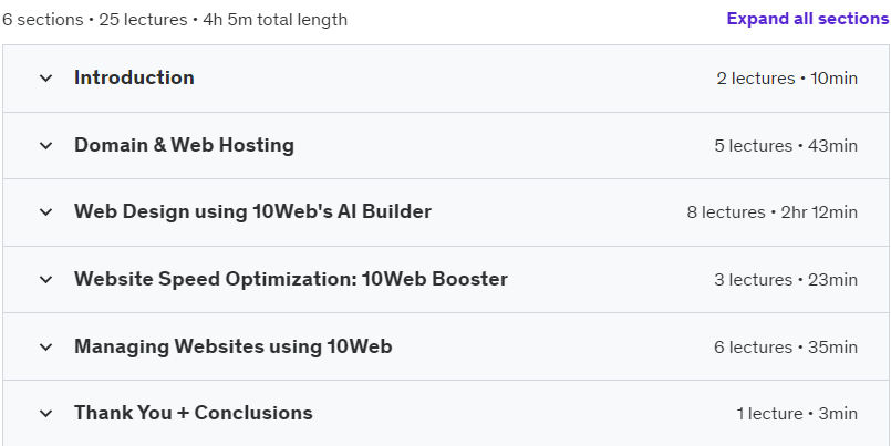 Course topics · Udemy — Build, Host & Manage WordPress Websites using AI [10Web] 2022-9