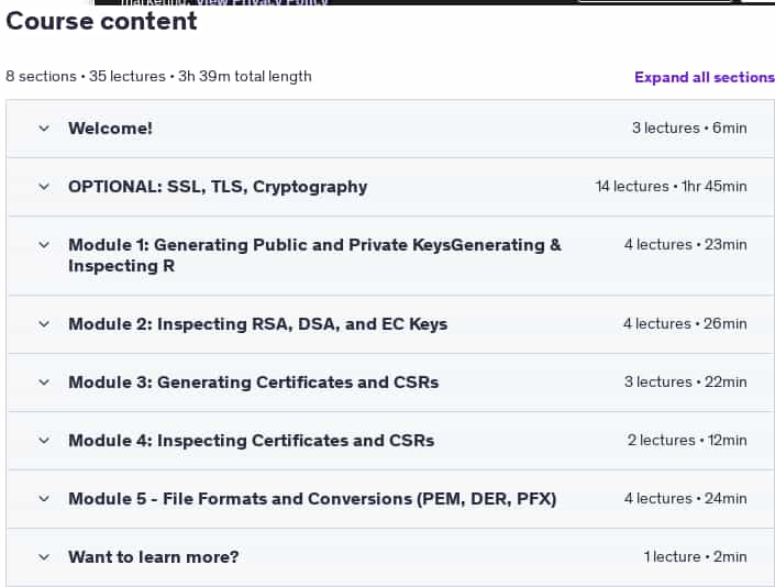 Course topics · Udemy — Learn OpenSSL with a real world cheatsheet 2023-1