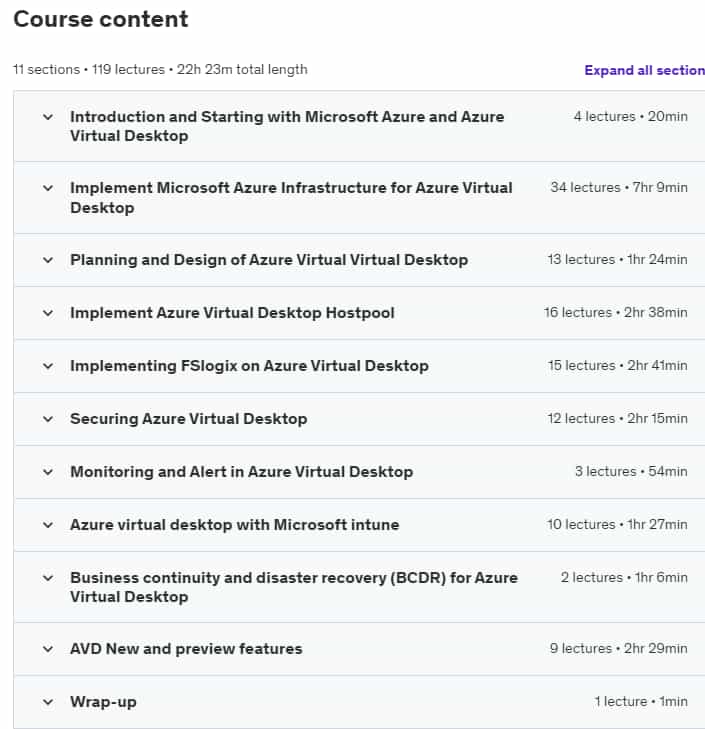 Course topics · AZ-140 Azure Virtual Desktop (AVD) 2023-2