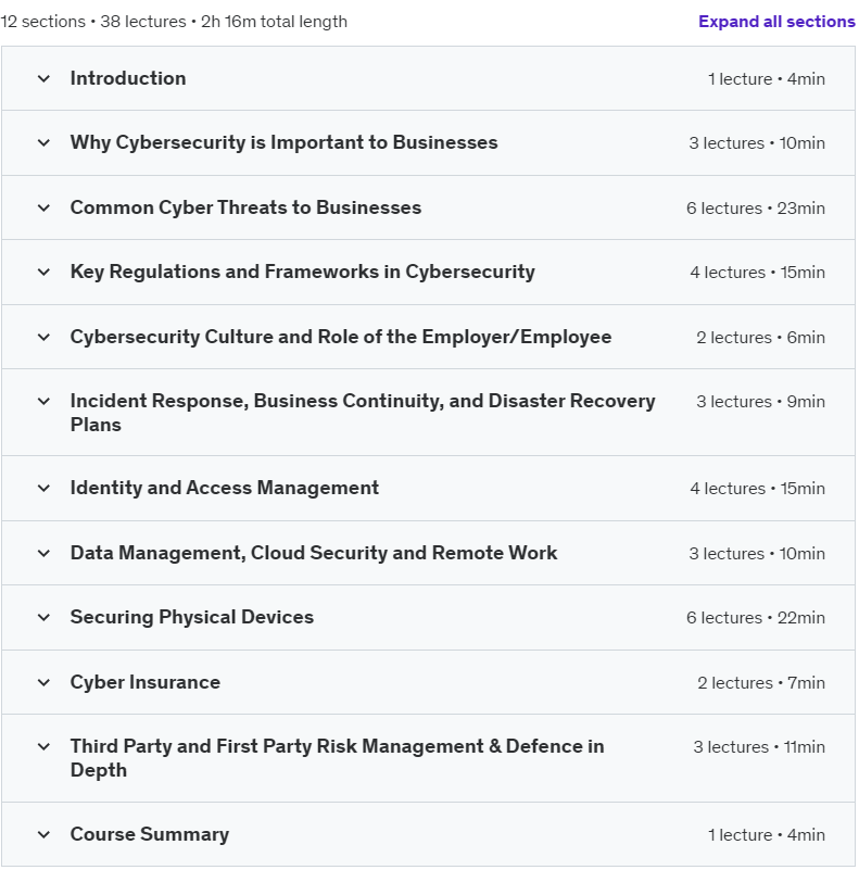 Course topics · Udemy — The Cybersecurity for Business Crash Course 2024-10