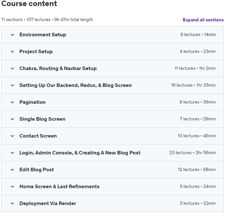 Course topics · Udemy — Build a Travel Blog App with React and Chakra UI MERN 2023-2