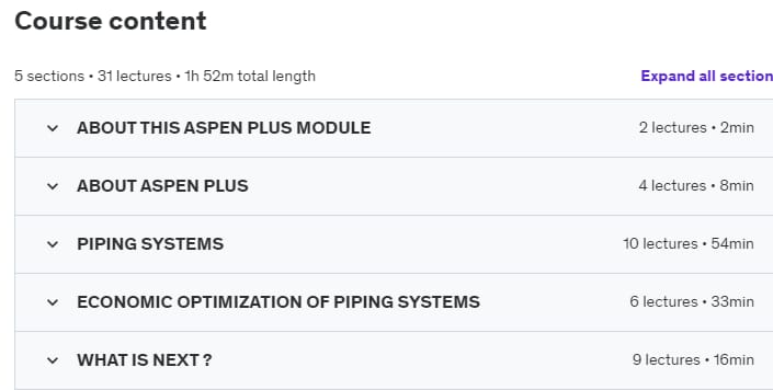 Course topics · Udemy — Aspen Plus V11 : Piping Systems Valves Pumps & Compressors 2021-4