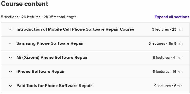 Course topics · Udemy — Software Mobile Cell Phone Repair Mastery: Android & iPhone 2024-2