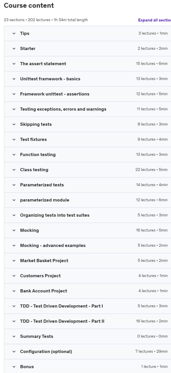 Course topics · Udemy — 150+ Exercises – Unit tests in Python – unittest framework 2022-12