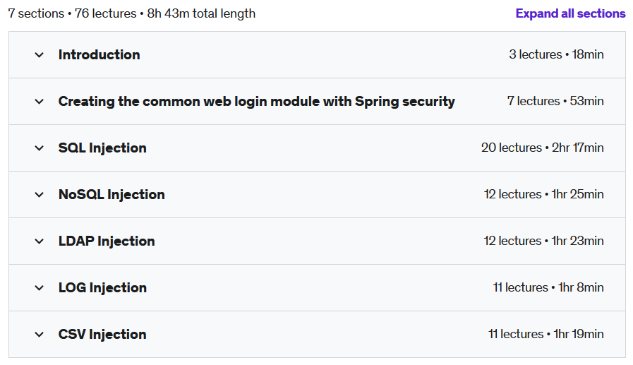 Course topics · Udemy — Web security: Injection Attacks with Java & Spring Boot 2022-11