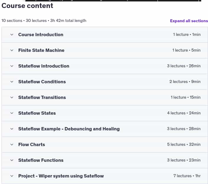 Course topics · Udemy — Model Based Development -MBD- Using Stateflow 2025-1