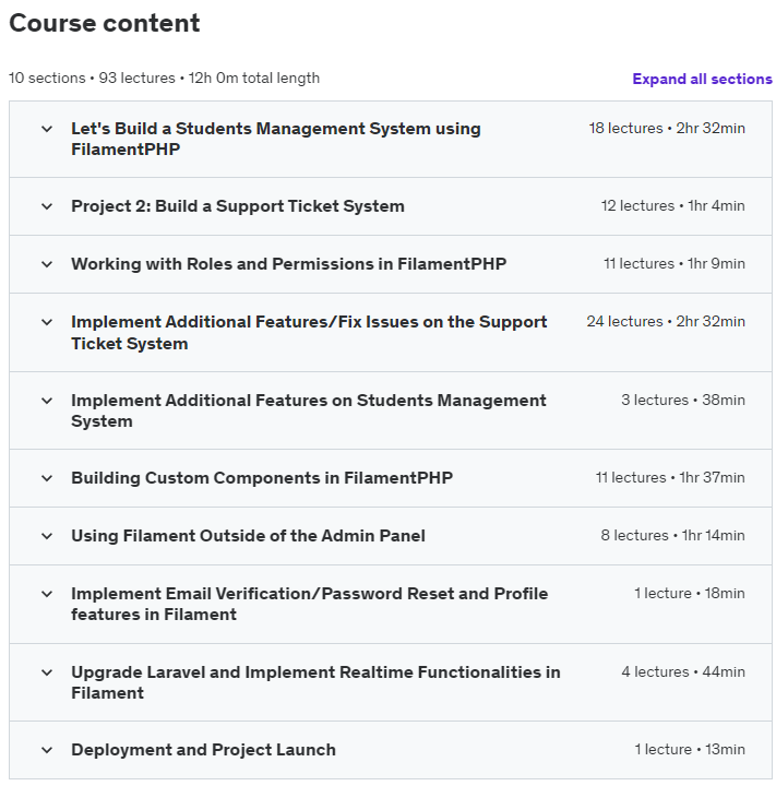 Course topics · Filament Admin Panel Course for Laravel (Updated for V3) 2024-4