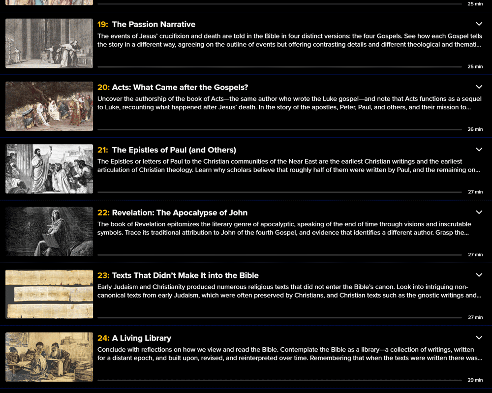 Course topics · The Great Courses Plus — Who Wrote the Bible? Searching for Its Origins and Authors 2025-11