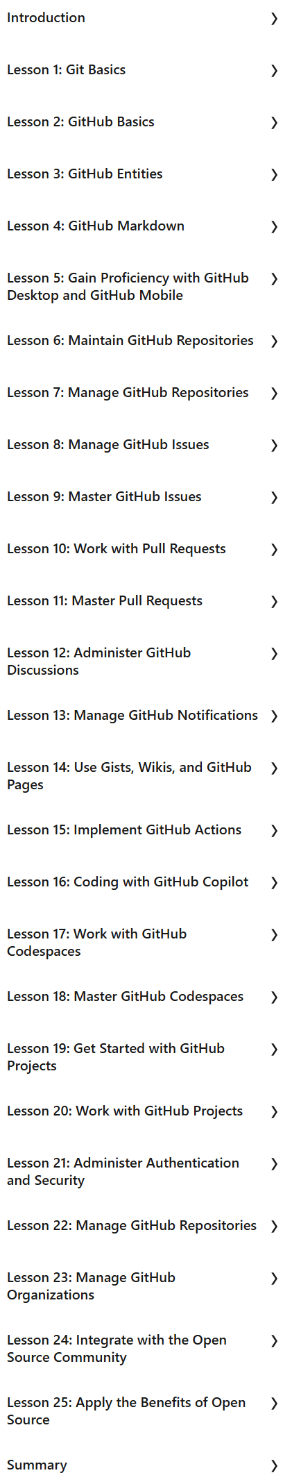 Course topics · LinkedIn — GitHub Foundations Cert Prep by Microsoft Press 2025-2