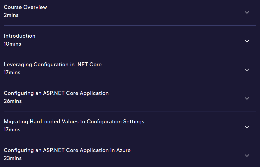 Course topics · Pluralsight — Microsoft Azure Developer: Ensuring Configurability 2020-12