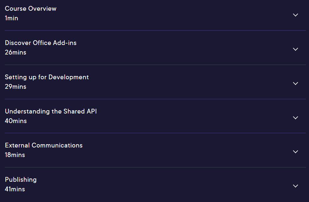 Course topics · Pluralsight — Fundamentals of Building Office Add-ins with Office JavaScript APIs 2024-6