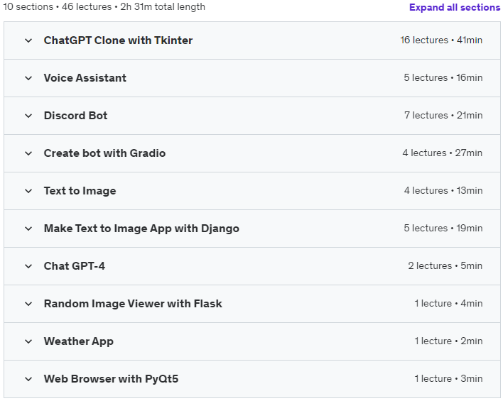 Course topics · Create Python Projects with ChatGPT 2023-4
