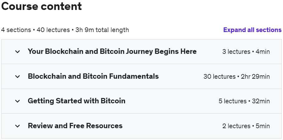 Course topics · Udemy — Blockchain and Bitcoin Fundamentals 2022-1