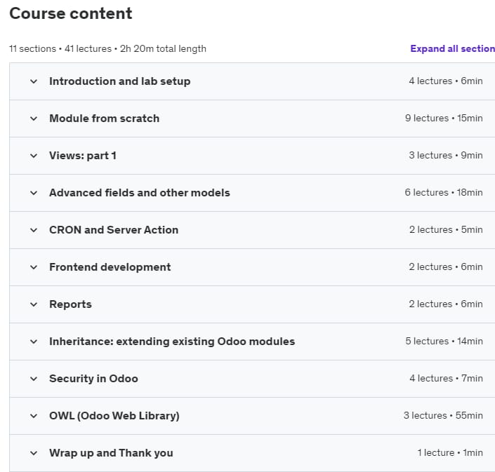 Course topics · Udemy — Odoo Development Masterclass (updated monthly) 2023-12