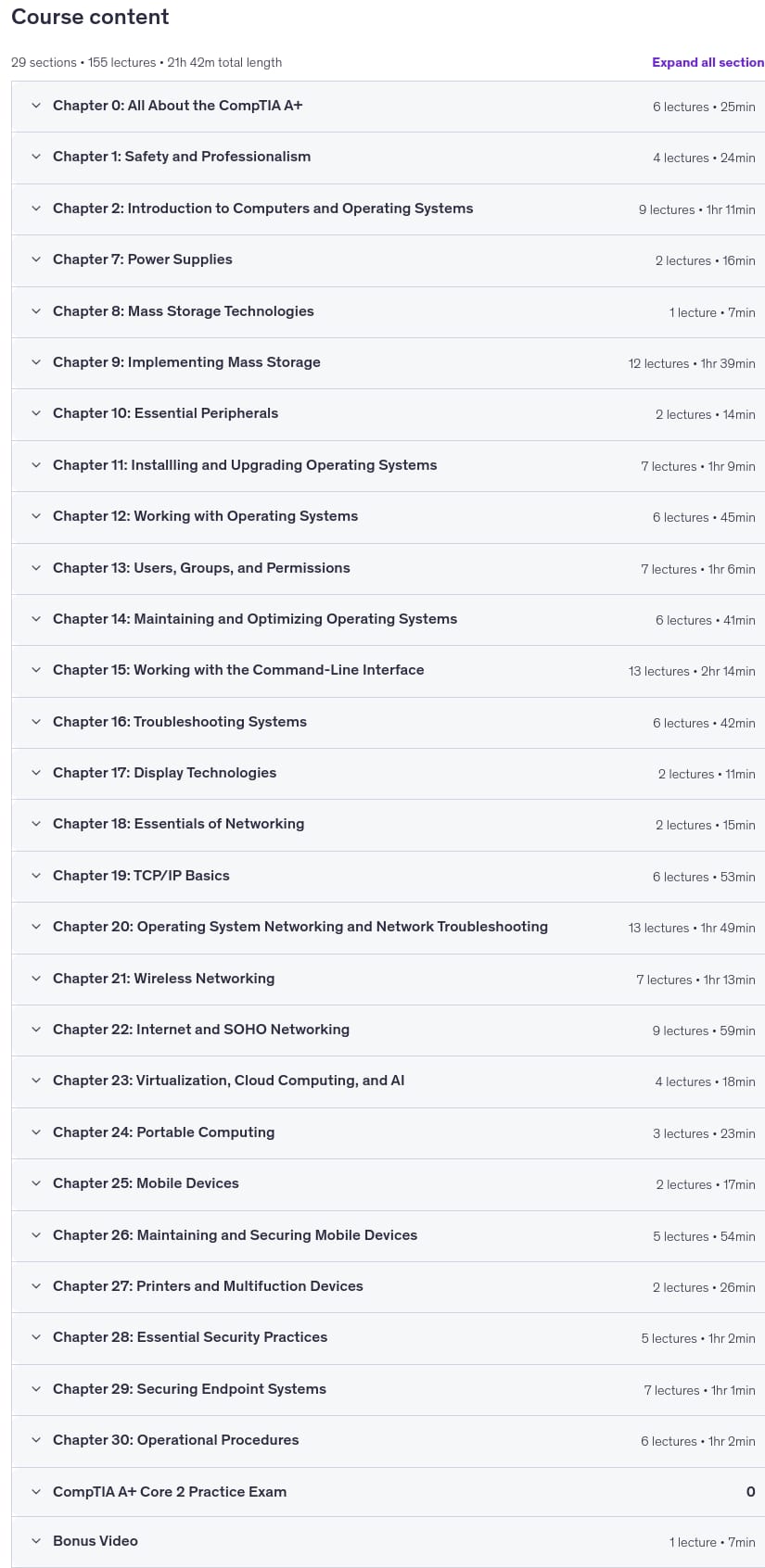 Course topics · TOTAL: CompTIA A+ Core 2 (220-1202) Course + Practice Exam 2026-3