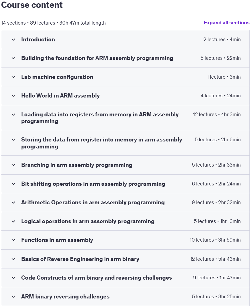 Course topics · Udemy — 64-bit ARM Assembly foundation course for Ethical Hackers 2024-12