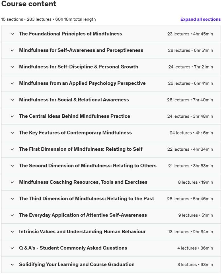 Course topics · Udemy — Mindfulness Practitioner Diploma (Level I, II, III & Master) 2022-11