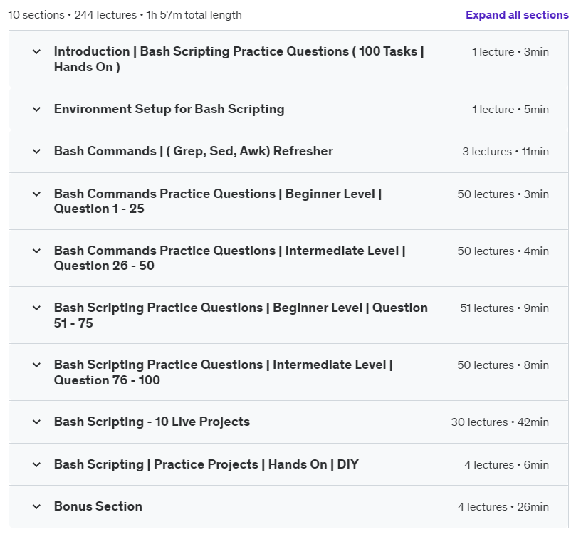 Course topics · Udemy — Bash / Shell | 100 Hands On Challenge with 10 Live Projects 2024-9