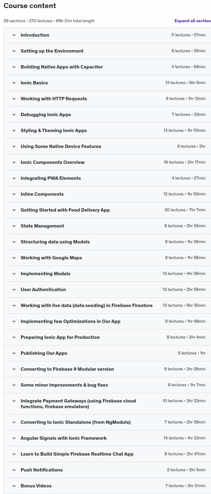 Course topics · Udemy — Ionic 8+: Build Food Delivery App from Beginner to Advanced 2024-10