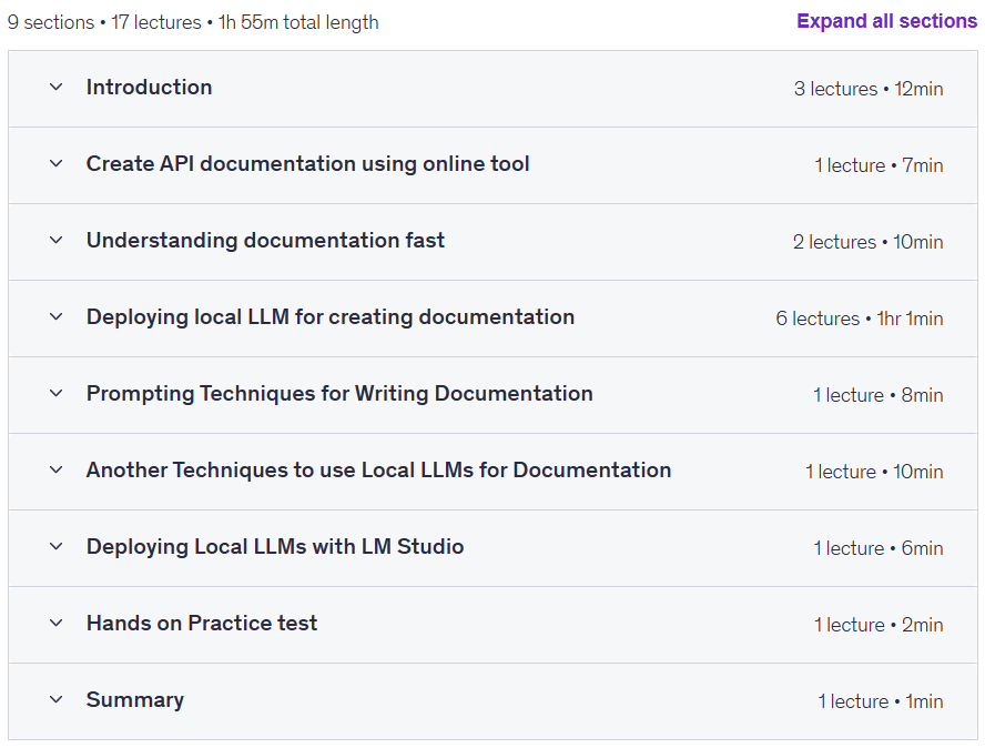 Course topics · Udemy — Technical Writing: Create API Documentation with AI securely 2025-2