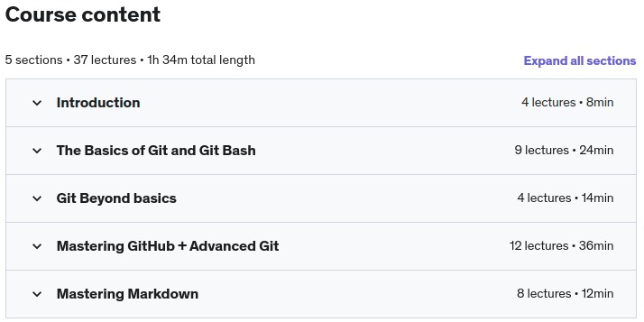 Course topics · Git, GitHub & Markdown Crash Course: Learn Git, GitHub & MD 2022-10
