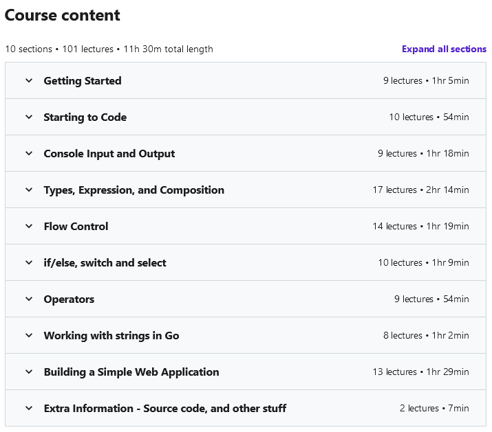 Course topics · Learn Go for Beginners Crash Course (Golang) 2023-11