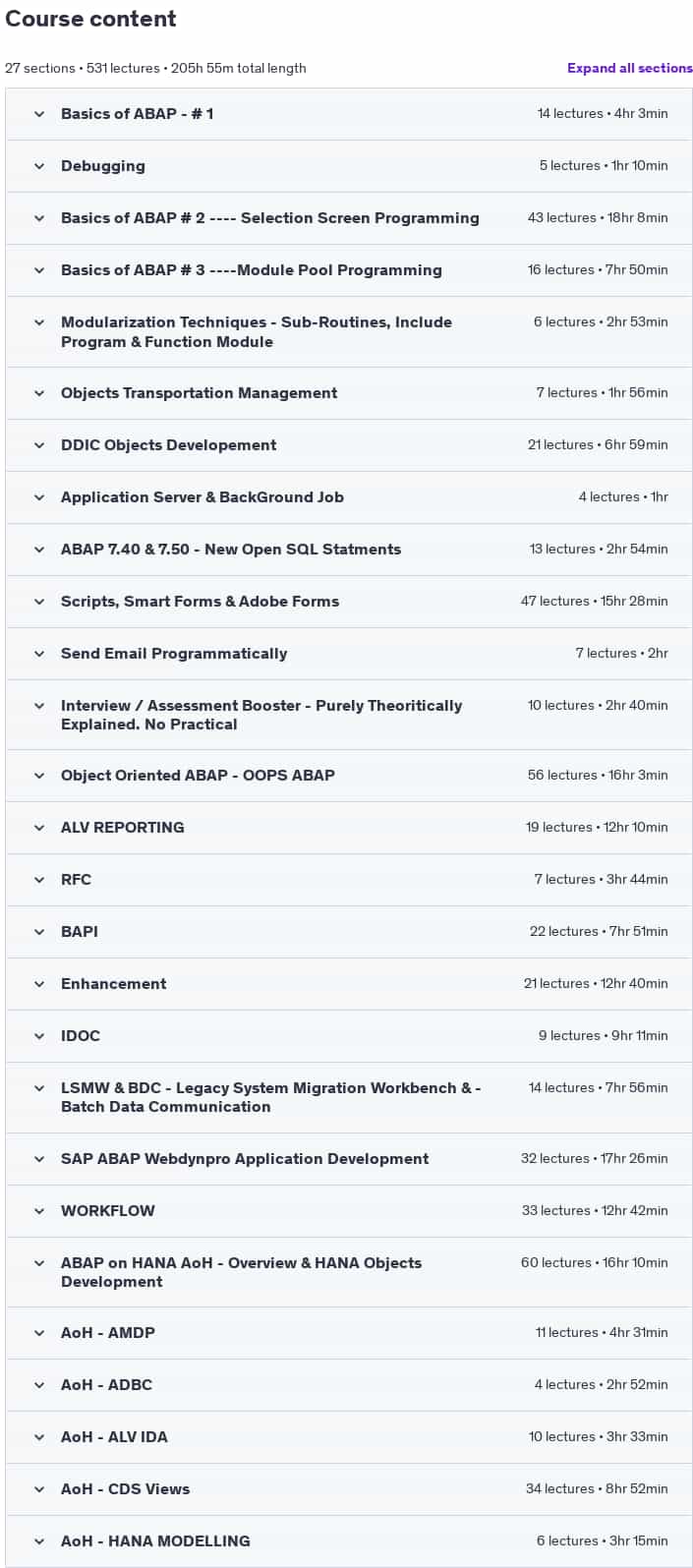 Course topics · Udemy — SAP ABAP, OOPS, CROSSAPP, WEBDYNPRO, WORKFLOW, ABAP on HANA 2025-2