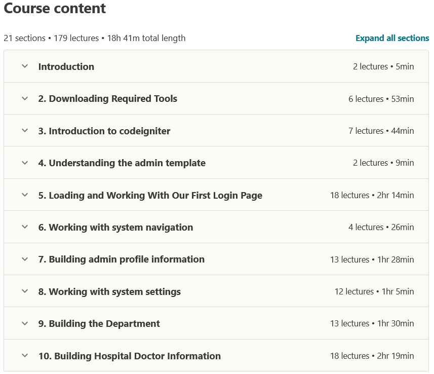 Course topics · Complete PHP Hospital System Using CodeIgniter Framework (2020) 2020-10