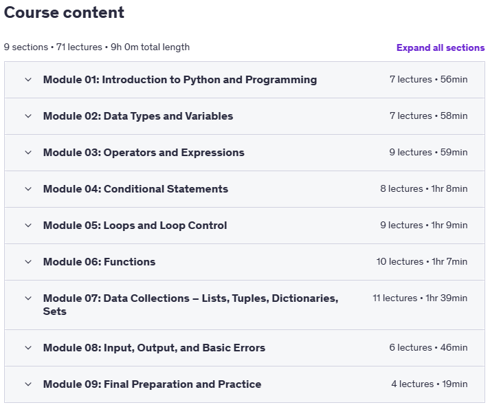 Course topics · Udemy — Python PCEP: Become Certified Entry-Level Python Programmer 2025-5