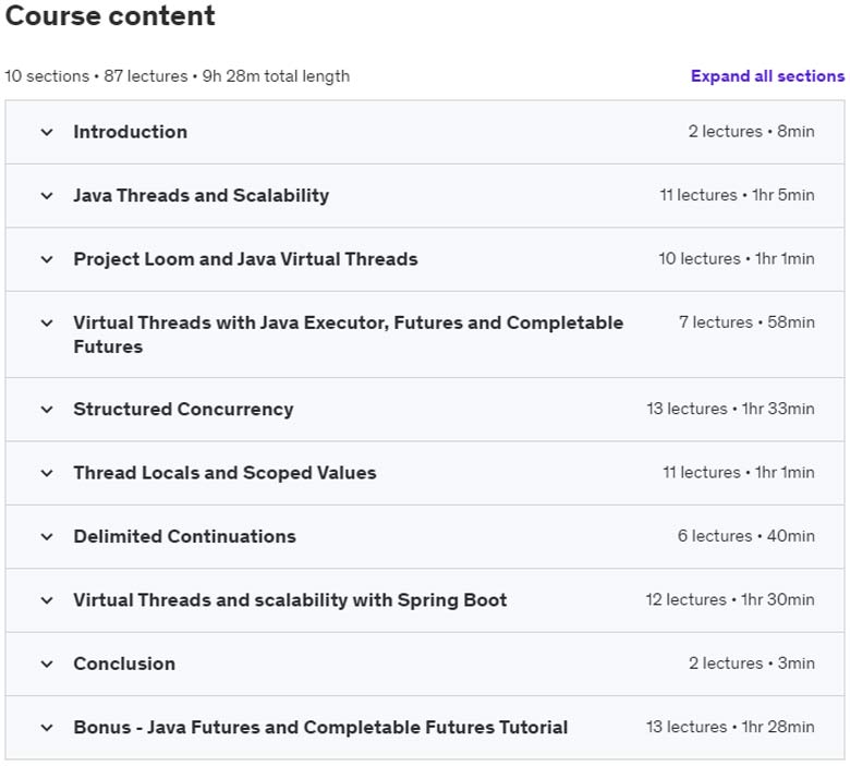 Course topics · Java 21 Virtual Threads and Structured Concurrency 2023-8