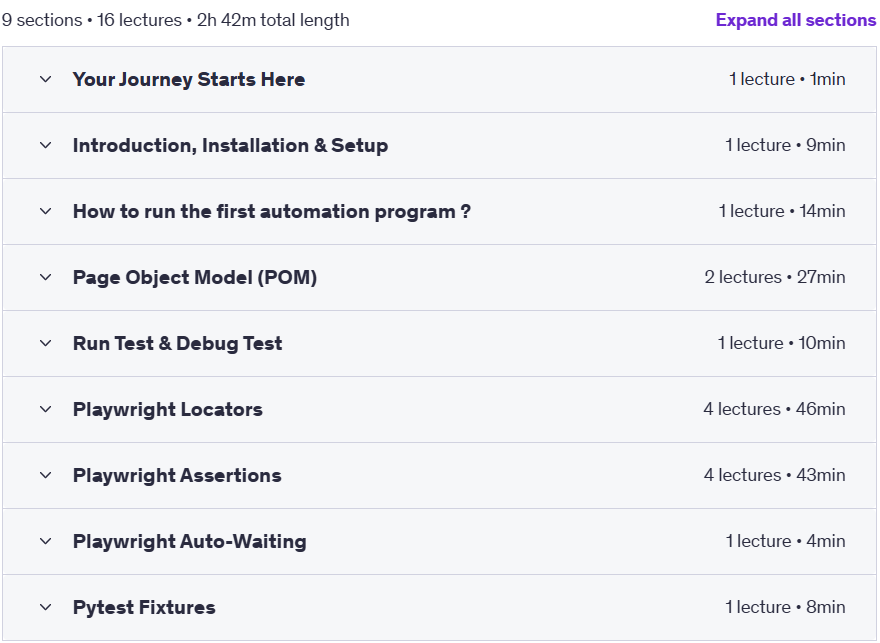 Course topics · Udemy — Expert in Python Automation using Pytest-Playwright 2025-3
