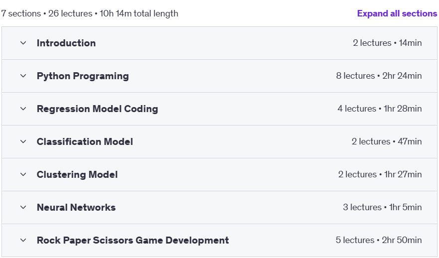 Course topics · Udemy — Artificial Intelligence for Beginners: Python & AI Basics 2023-5