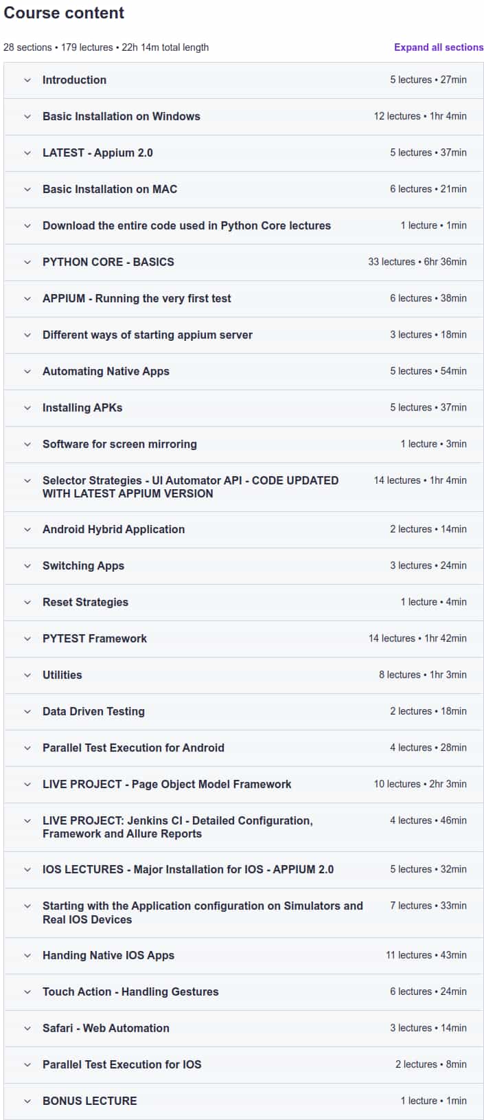 Course topics · Appium – Mobile App Automation in Python (Basics + Advance) 2024-5