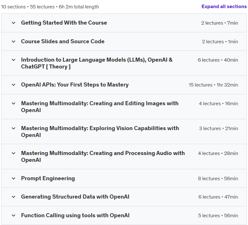 Course topics · Udemy — AI Application Development with OpenAI, ChatGPT, and Python 2024-10