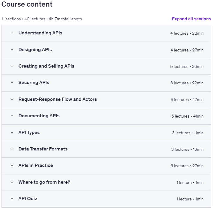 Course topics · API Mastery: Understand, Create and Monetize Your Own API 2025-7