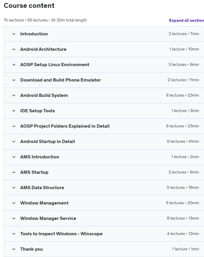 Course topics · Udemy — Android OS Internals / AOSP in Depth 2022-6