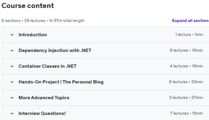 Course topics · Udemy — Dependency Injection in .NET 8 and ASP.NET Core 2021-11