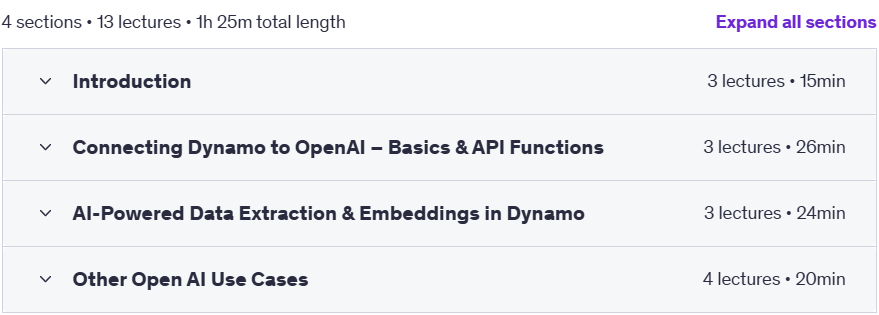 Course topics · Udemy — Dynamo + OpenAI: Access LLM Tools in Structured Workflows 2025-4