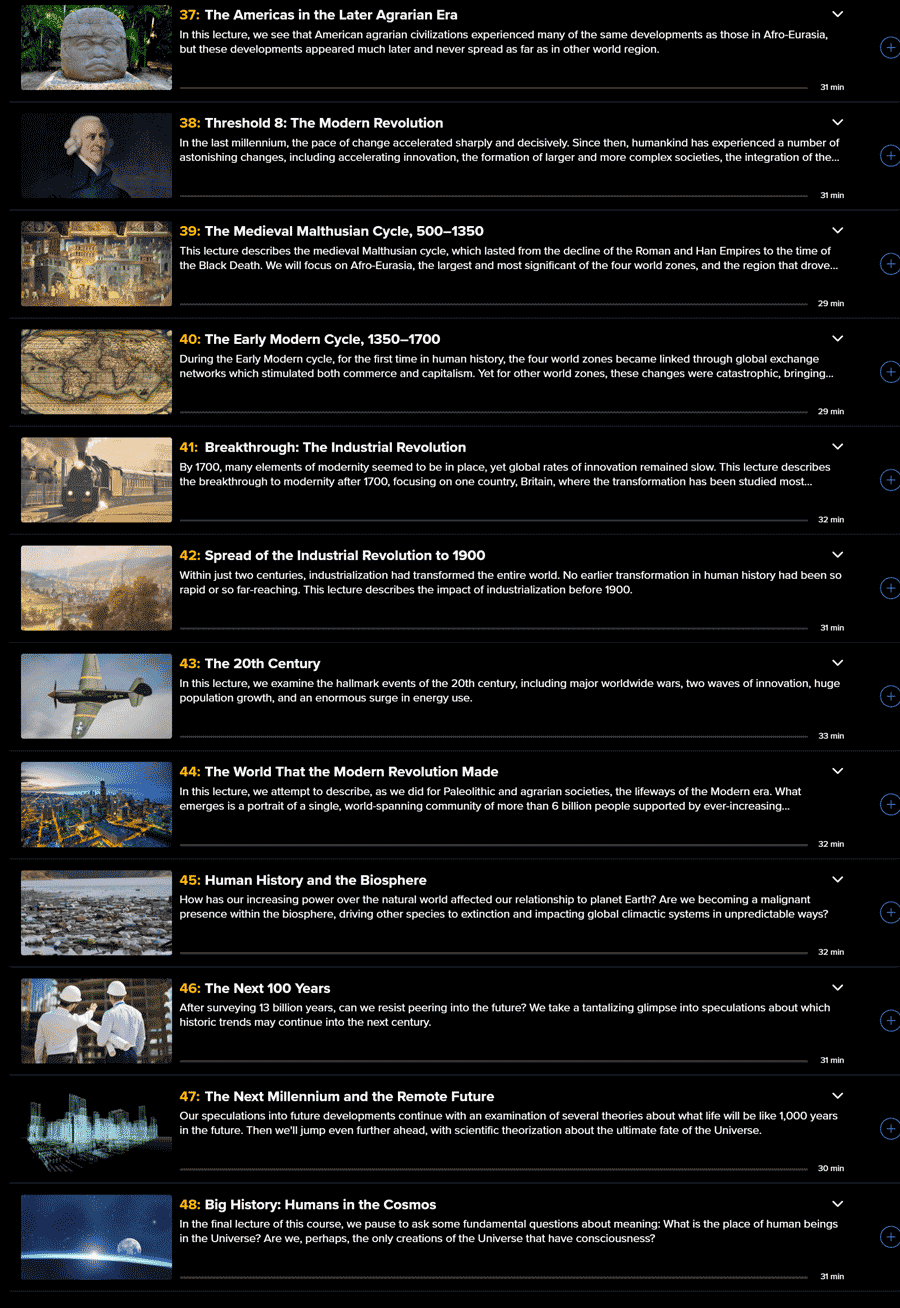 Course topics · The Great Courses Plus — Big History: The Big Bang, Life on Earth, and the Rise of Humanity 2025-11