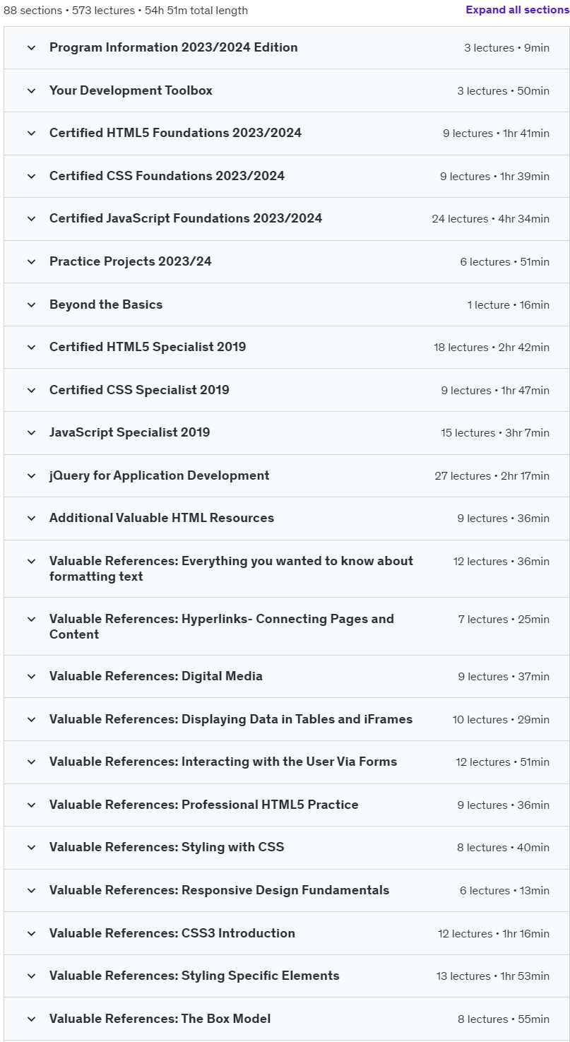 Course topics · Udemy — Become a Certified Web Developer: HTML, CSS and JavaScript 2023-8