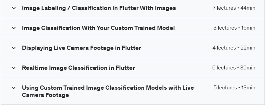 Course topics · Udemy — Train Image Classification Models & Build Smart Flutter Apps 2024-7