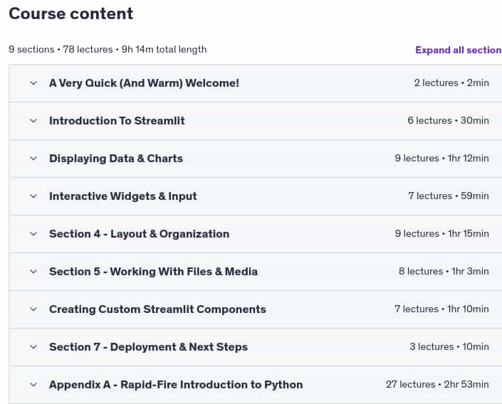 Course topics · Master Streamlit: Build Interactive Data Apps with Python 2025-3