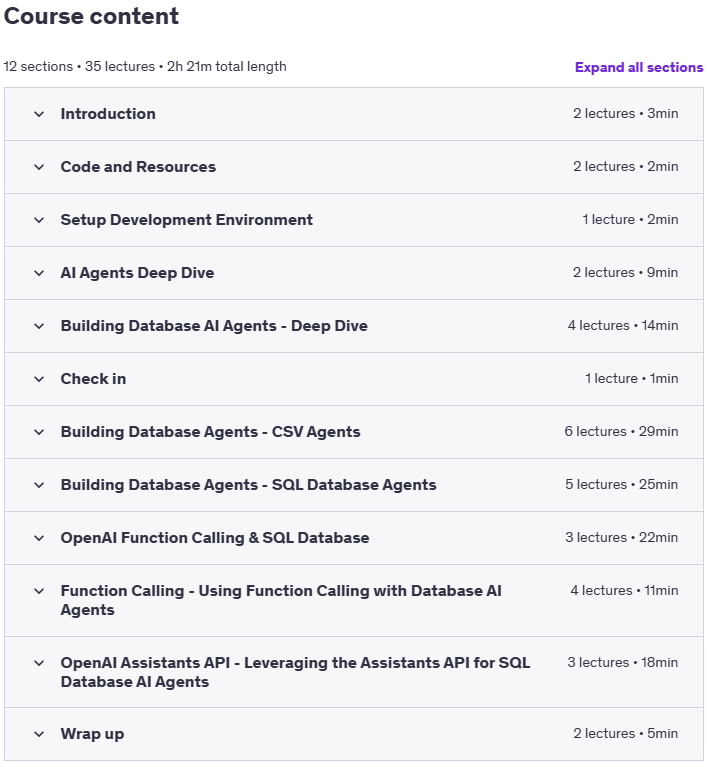 Course topics · Udemy — Database AI Agents: Complete Guide [NEW] 2024-6