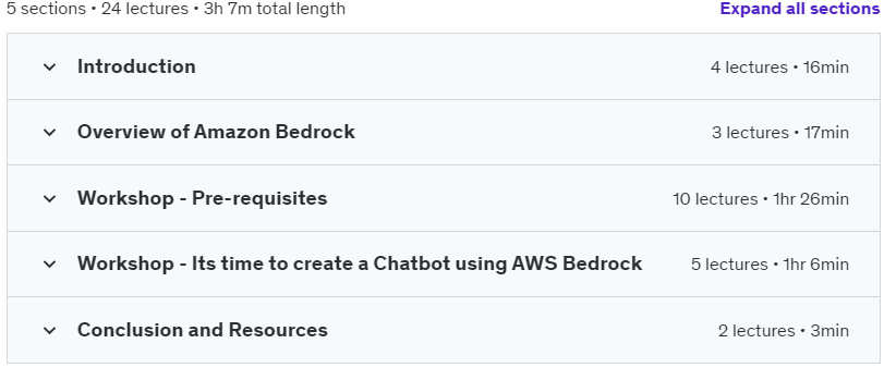 Course topics · Udemy — AWS Bedrock Workshop (Build a Gen AI Chatbot) – Level 100 2024-6
