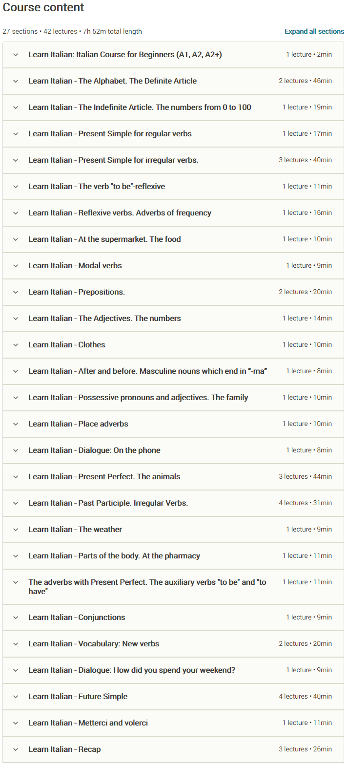 Course topics · Learn Italian Language: Complete Italian Course – Beginners 2019-11